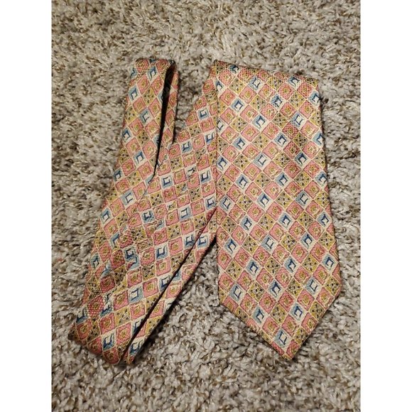 Burberrys Of London Men's Tie Brown Pink and Blue Geometric Silk Necktie - Picture 1 of 7